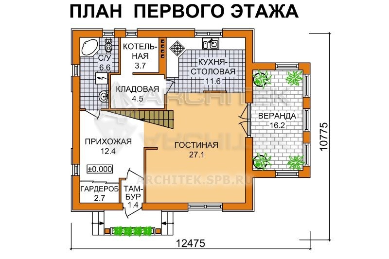 A-007-1P проект экономичного дома из газобетона с мансардой и верандой «Эконом-2»