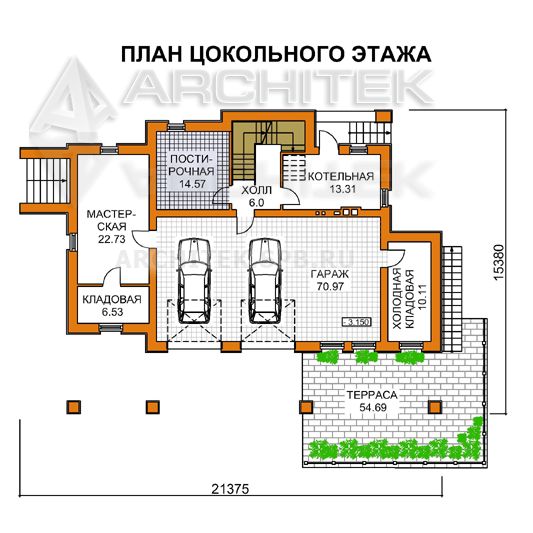 A-024-K проект кирпичного дома на склоне с гаражом на 2 машины «Эдвард-1»