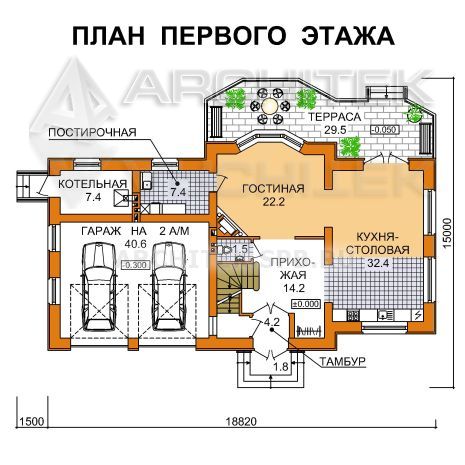 A-035-K Проект кирпичного дома с гаражом на 2 машины и террасой «Павел-1»