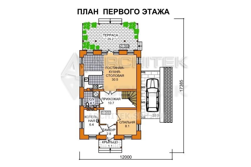 A-048-P проект коттеджа из пеноблоков с мансардой и террасой «Элегия»