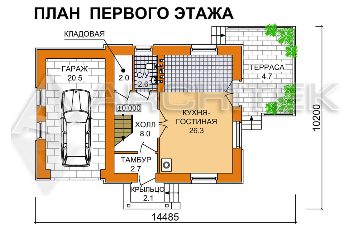 A-065-P Проект оптимального дома эконом-класса до 150 кв.м. из пеноблоков с гаражом «Оптимальный-1»