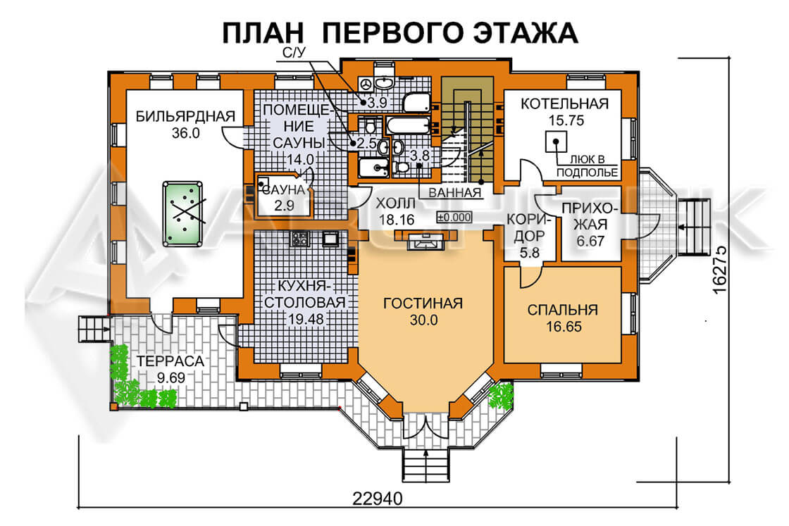 A-082-P Проект дома из газобетона с эркером, балконом, сауной, террасой