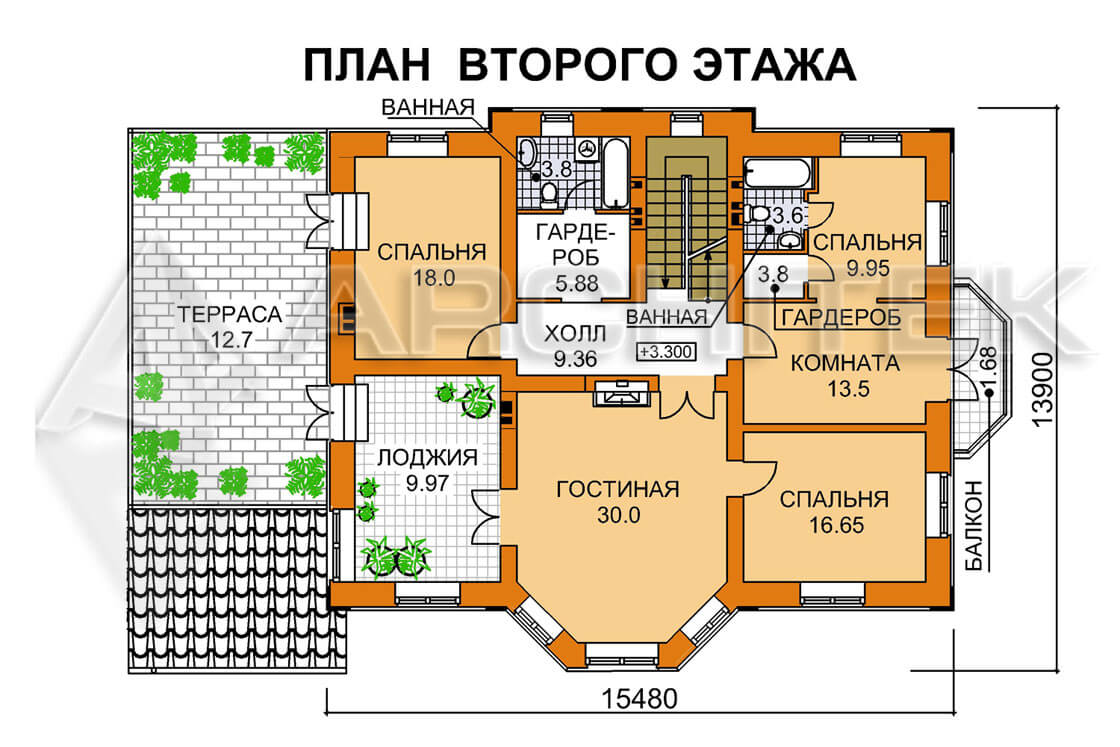 A-082-P Проект дома из газобетона с эркером, балконом, сауной, террасой