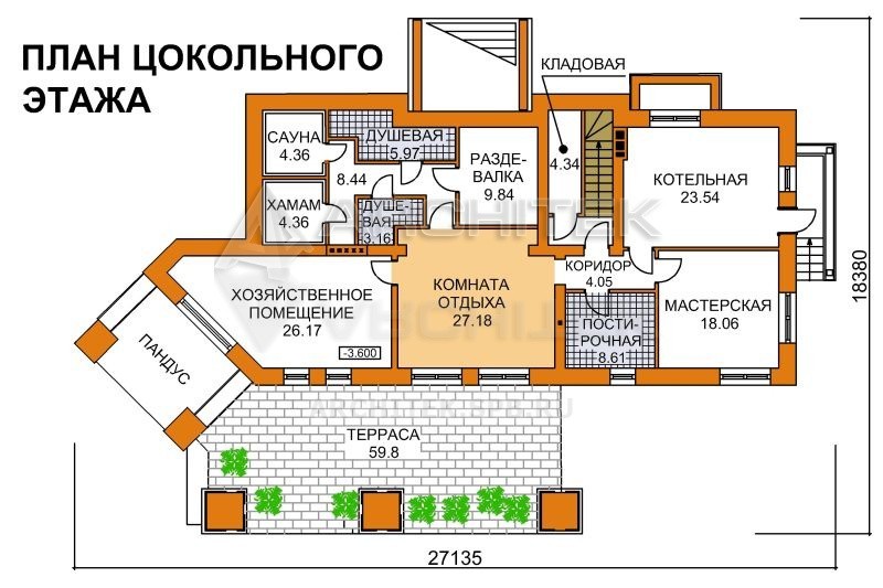 A-085-P Проект дома для склона из газобетона с цокольным этажом, мансардой, вторым светом, сауной, верандой, террасой 26.6х15.7