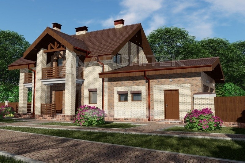 A-090-P Проект дома из пеноблоков с террасой и гаражом