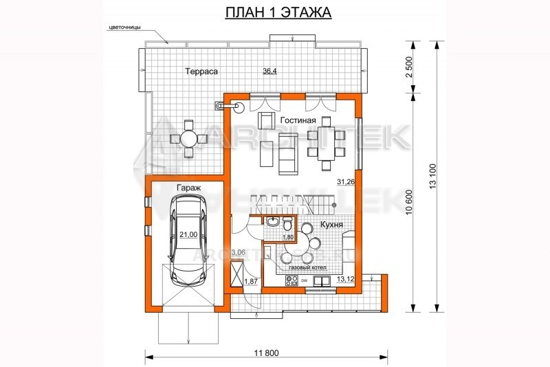 A-092-P Проект дома в стиле хай-тек с гаражом и террасой