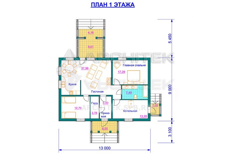 A-100-F Проект небольшого одноэтажного каркасного дома 9х13