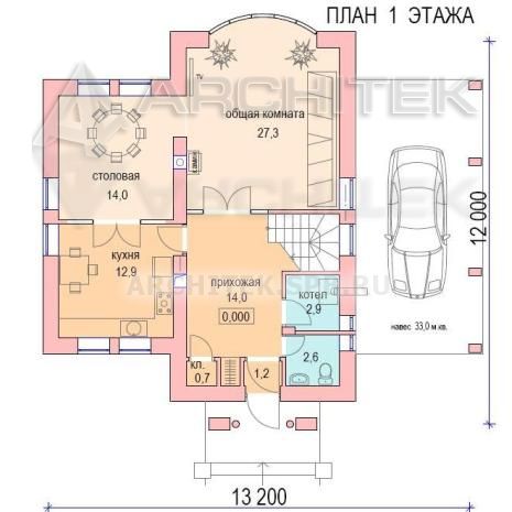 D-052-P Проект дома из газобетона с эркером, балконом, навесом для автомобиля
