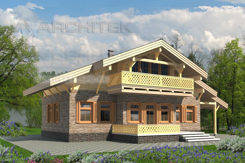 D-062-D проект дома из бруса с мансардой, балконом, террасой