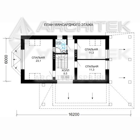 G-002-3K Проект дома из кирпича с цокольным этажом, мансардой, эркером, сауной 9х16