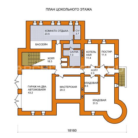 G-004-K Проект кирпичного дома с цокольным этажом, гаражом, сауной, бассейном, верандой