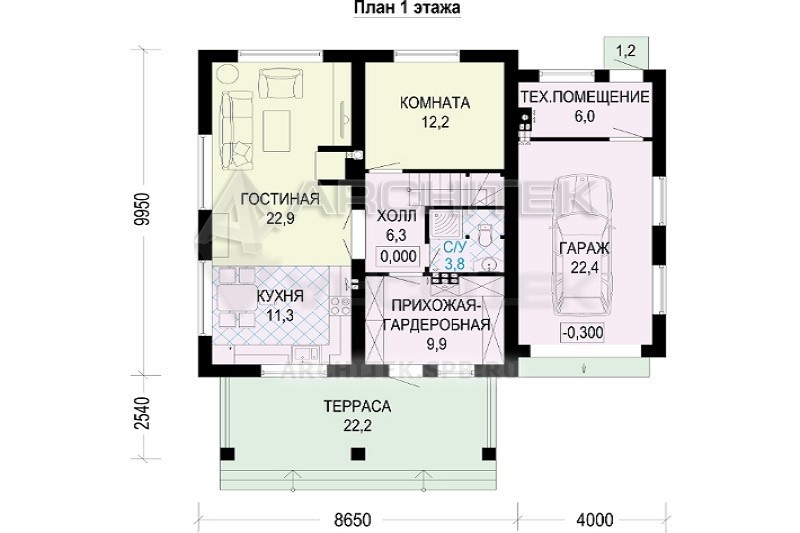 G-012-1P проект дома из газобетона с гаражом, террасой 10х12.6