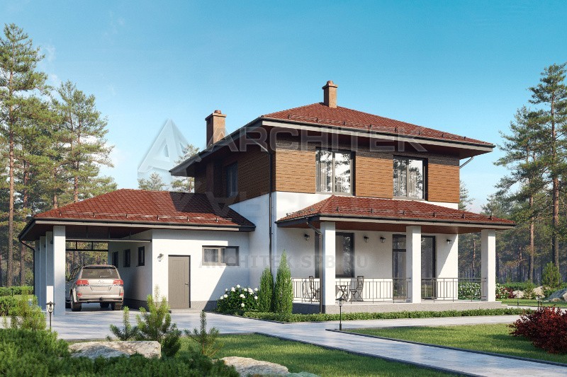 G-012-3P проект простого двухэтажного дома из газобетона с гаражом, навесом, террасой 10х13