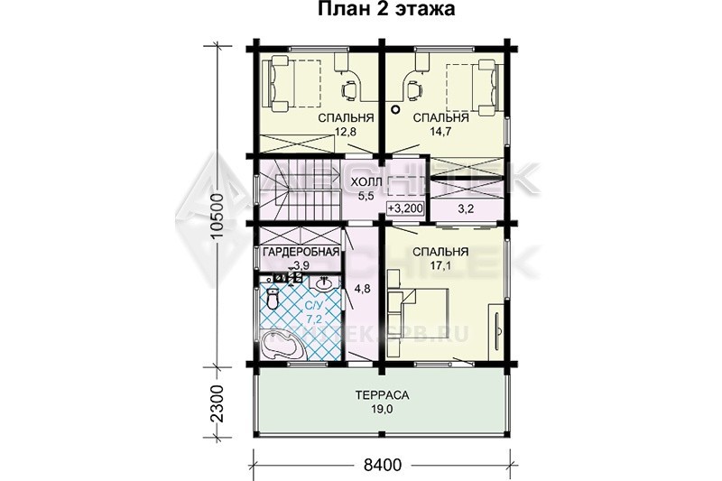 G-014-D проект простого двухэтажного дома из бруса с террасой и балконом 8.4х10.5