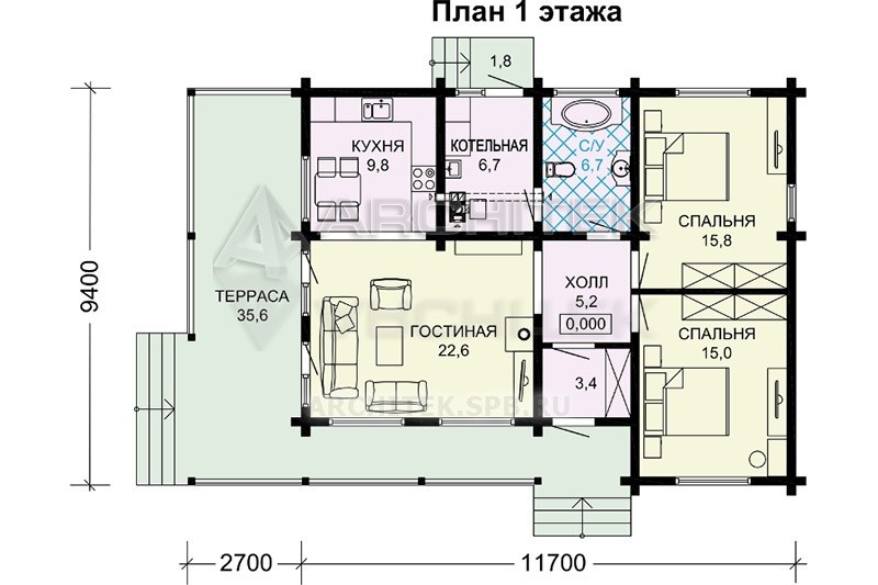 G-017-D проект простого маленького одноэтажного дома из бруса с террасой 9.4х11.7