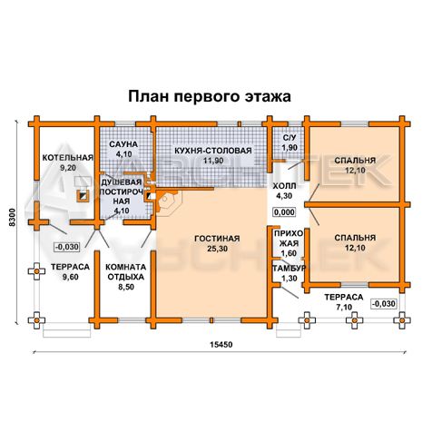 G-022-D Проект маленького одноэтажного деревянного дачного дома из бревна с сауной и террасой 8.3х15.5