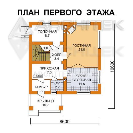 G-032-10P Проект маленького дома из газобетона с мансардой 8.6х10.6