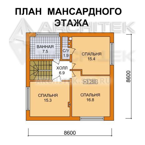 G-032-10P Проект маленького дома из газобетона с мансардой 8.6х10.6
