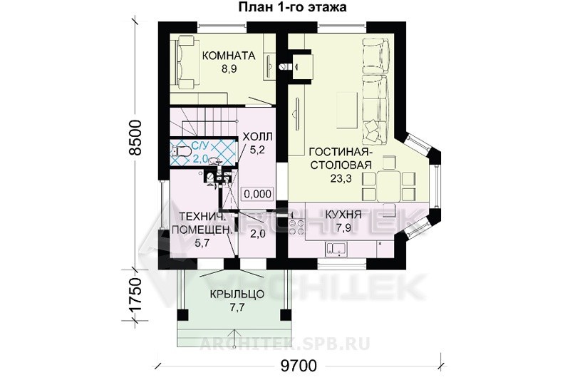 G-032-1P проект дома эконом-класса из пеноблоков с мансардой и эркером