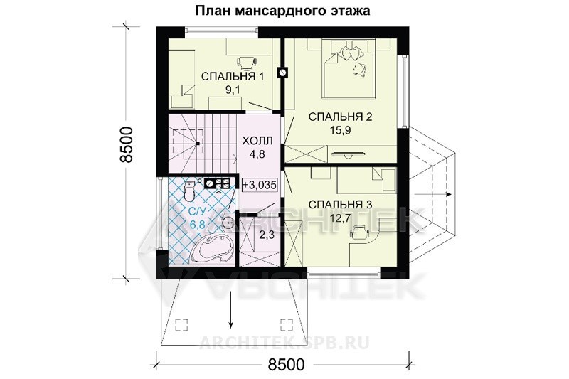 G-032-1P проект дома эконом-класса из пеноблоков с мансардой и эркером