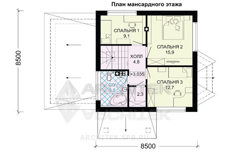 G-032-2P проект небольшого дома из газобетона с мансардой, гаражом, эркером