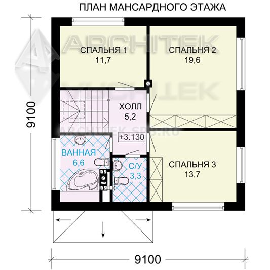 G-032-5P проект простого небольшого коттеджа из газобетона с мансардным этажом 9.1х9.1