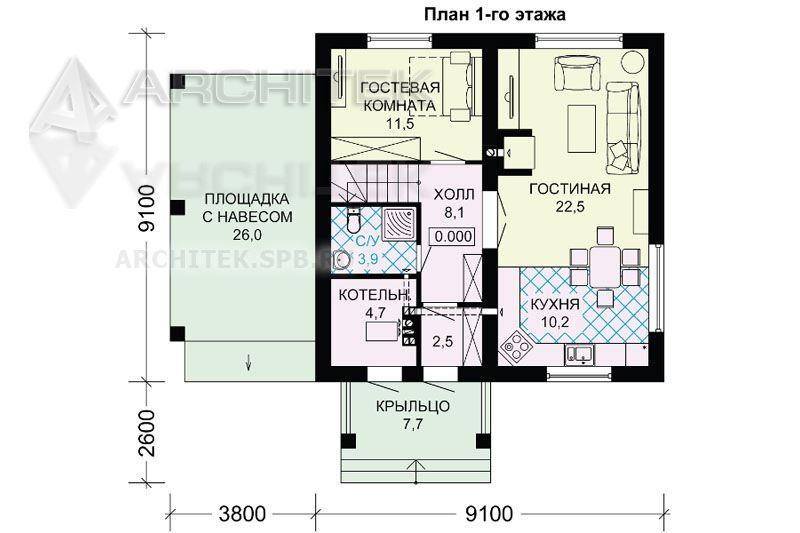G-032-7P проект коттеджа из газобетона с мансардой и автомобильным навесом