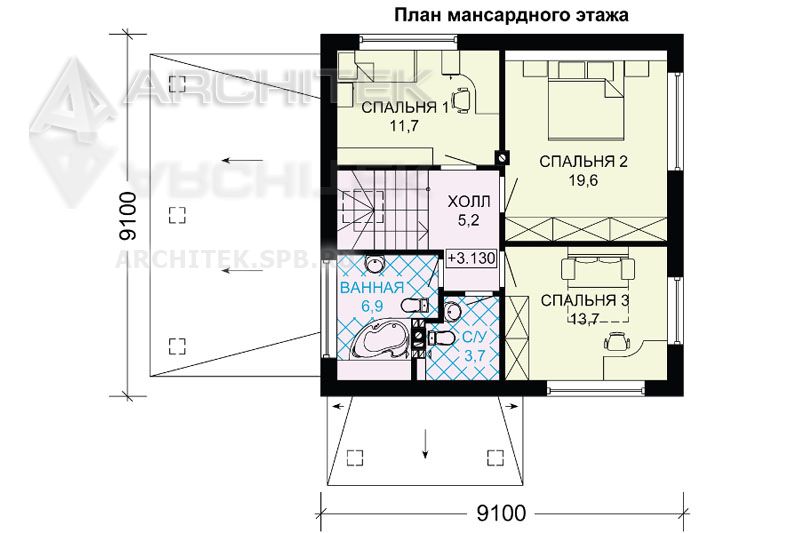 G-032-7P проект коттеджа из газобетона с мансардой и автомобильным навесом