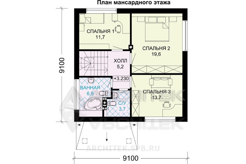 G-032-8P проект небольшого дома из газобетона с мансардой 9.1х9.1