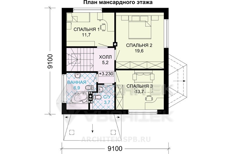 G-032-9P проект дома из газобетона с мансардой и эркером 9.1х9.1