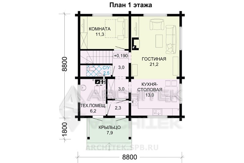 G-032-D проект простого дома из бруса с мансардой 9х9