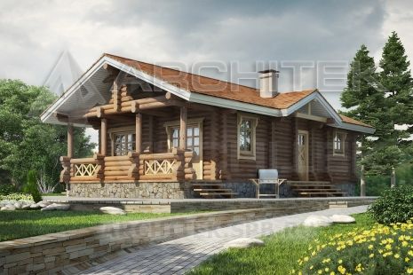 G-043-D Проект маленького одноэтажного дачного бревенчатого дома с террасой
