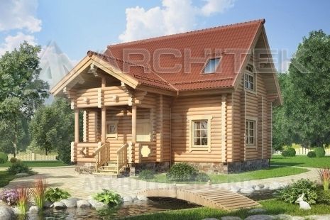 G-044-D Проект маленького деревянного дачного дома из бревна с мансардой и сауной