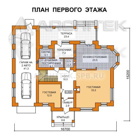 G-045-1P Проект дома из пеноблоков с мансардой, гаражом, сауной