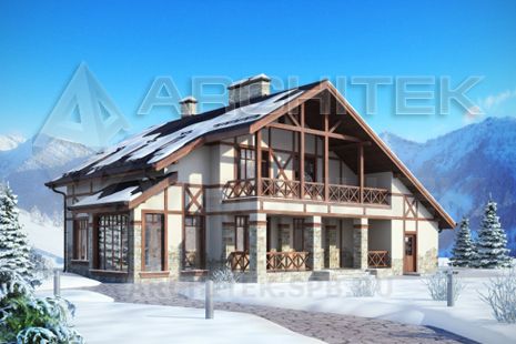 G-045-4P Проект дома из пеноблоков с мансардой, гаражом, террасой, сауной