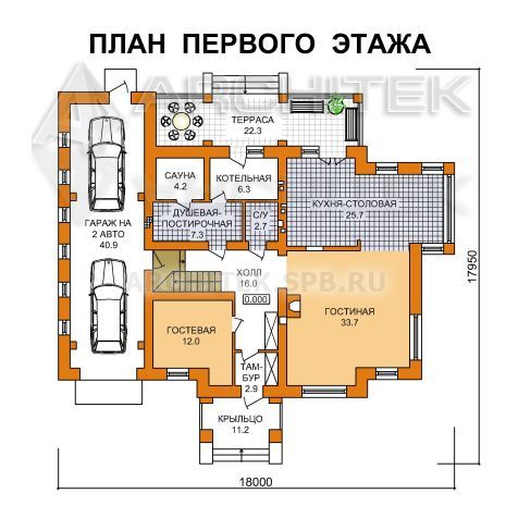 G-045-4P Проект дома из пеноблоков с мансардой, гаражом, террасой, сауной