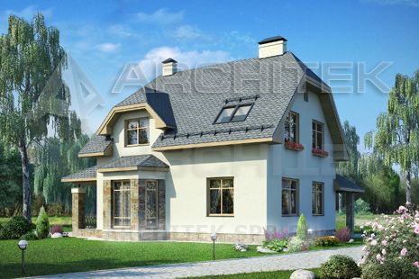 G-049-1P Проект дома из пеноблоков с мансардой, эркером, террасой, навесом