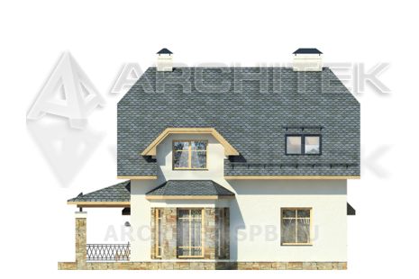 G-049-1P Проект дома из пеноблоков с мансардой, эркером, террасой, навесом