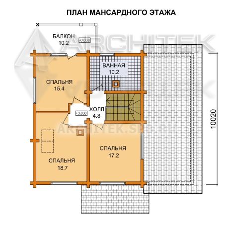 G-054-1D Проект деревянного дома из бревна с мансардой, гаражным навесом, балконом, террасой