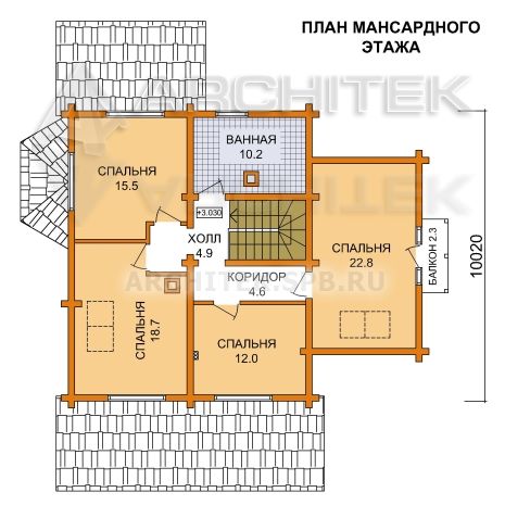 G-054-3D Проект деревянного дома из бревна с мансардой, эркером, террасой, балконом