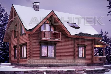 G-054-D Проект простого деревянного дома из бревна с мансардой, балконом, террасой
