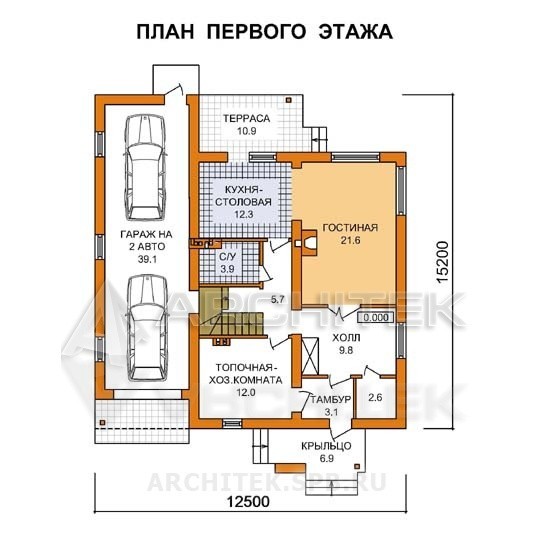 G-068-3P Проект дома из пеноблоков с гаражом, мансардой, террасой 12.5х15.2