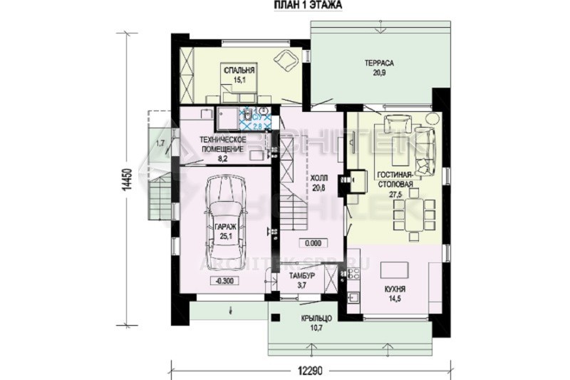 G-069-1P Проект современного дома из газобетона 12.3×14.5 с эксплуатируемой кровлей, террасой и гаражом