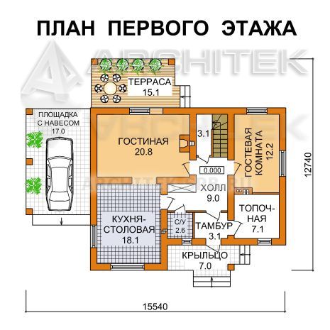 G-070-2P Проект простого дома из пеноблоков с мансардой и гаражом-навесом