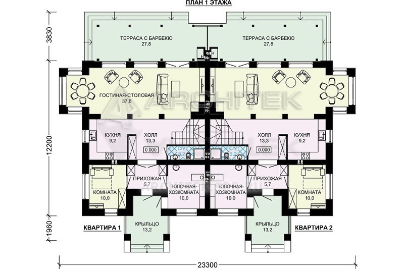 G-083-8P Проект двухквартирного дома из газобетона с эркером, террасой