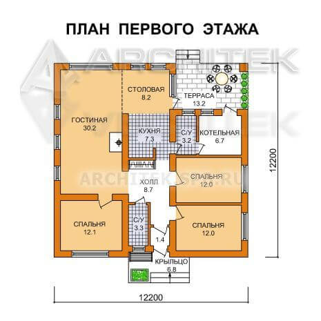 G-091-P проект маленького одноэтажного дома из газобетона 12х12