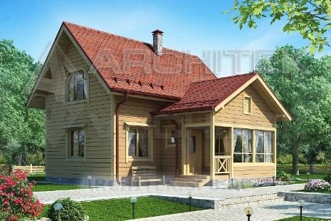 G-096-D Проект дачного маленького деревянного дома из бруса с мансардой, верандой 9х10