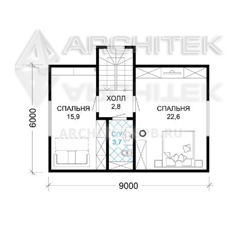 G-096-D Проект дачного маленького деревянного дома из бруса с мансардой, верандой 9х10