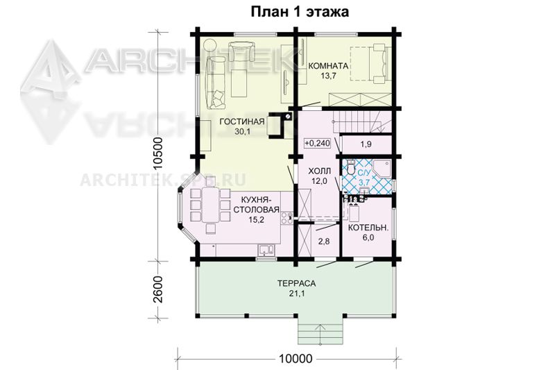 G-110-2D Проект дома из бруса с мансардой и террасой
