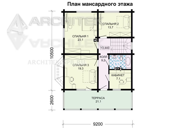 G-110-2D Проект дома из бруса с мансардой и террасой